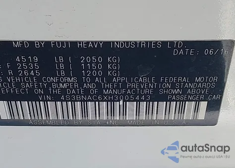 2017 Subaru Legacy 2.5I Premium z USA, uszkodzony, nr VIN 4S3BNAC6XH3005443